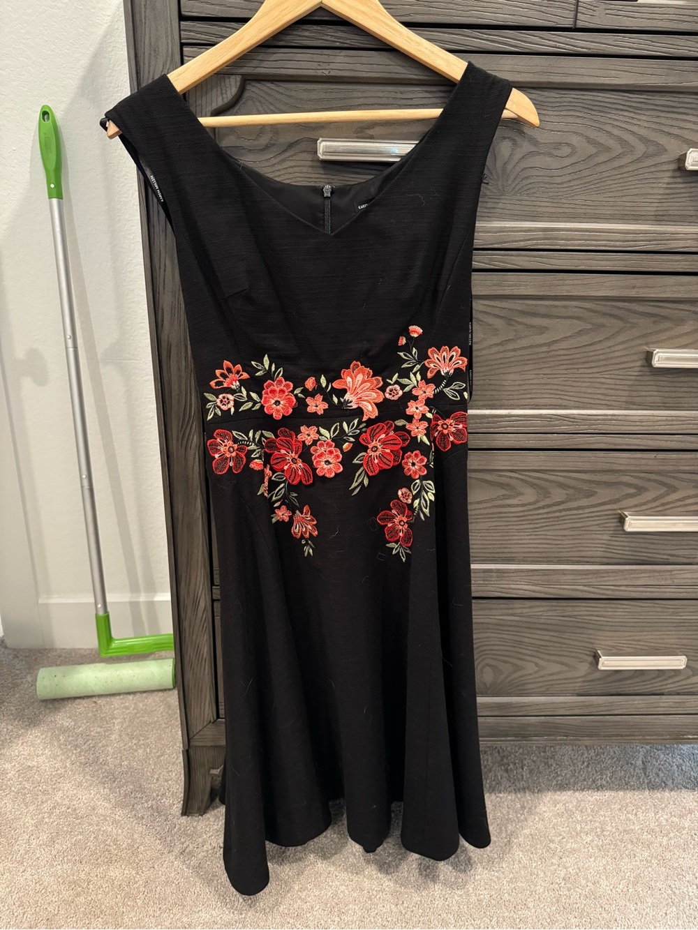 Karen Millen Black Midi Dress with Red & Pink Floral Embroidery